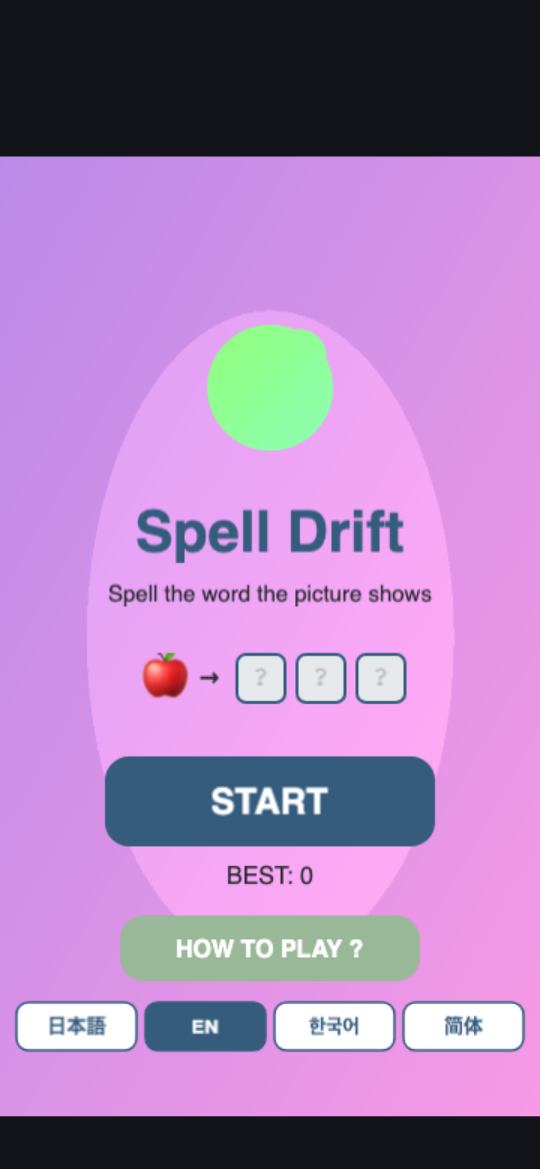 Spell Drift start screen