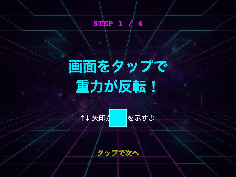 重力フリップチェインのチュートリアル/操作説明。タップで重力が反転し、ブロックが上下に吸い寄せられる仕組みが示される