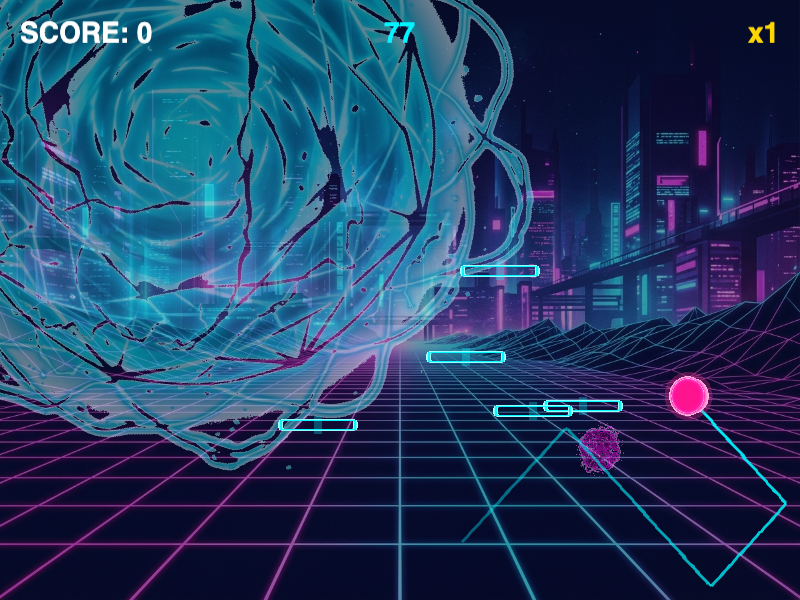 プレイ中の画面。ボールが残した光の軌跡（残像）が画面に伸びている