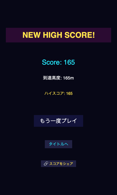 ネオン・ウォールジャンパーの高高度プレイ画面。スクロールが速くなり障害物が増え、スコアが伸びていく