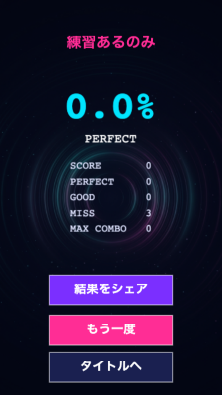 サイレントビートのリザルト画面。最終Perfect率%が表示されリトライ欲を刺激する