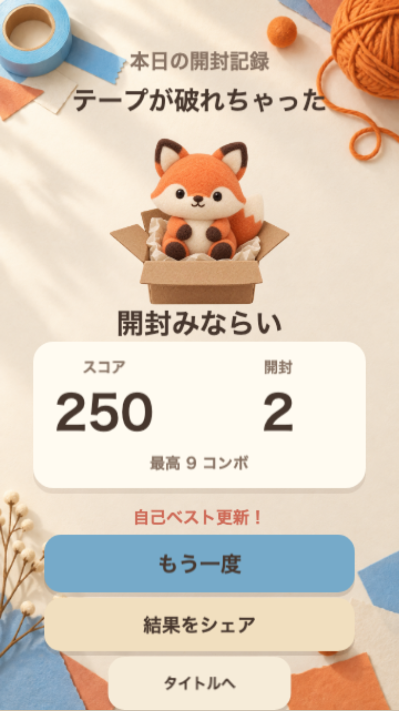 ぺりっとパーセルのリザルト画面