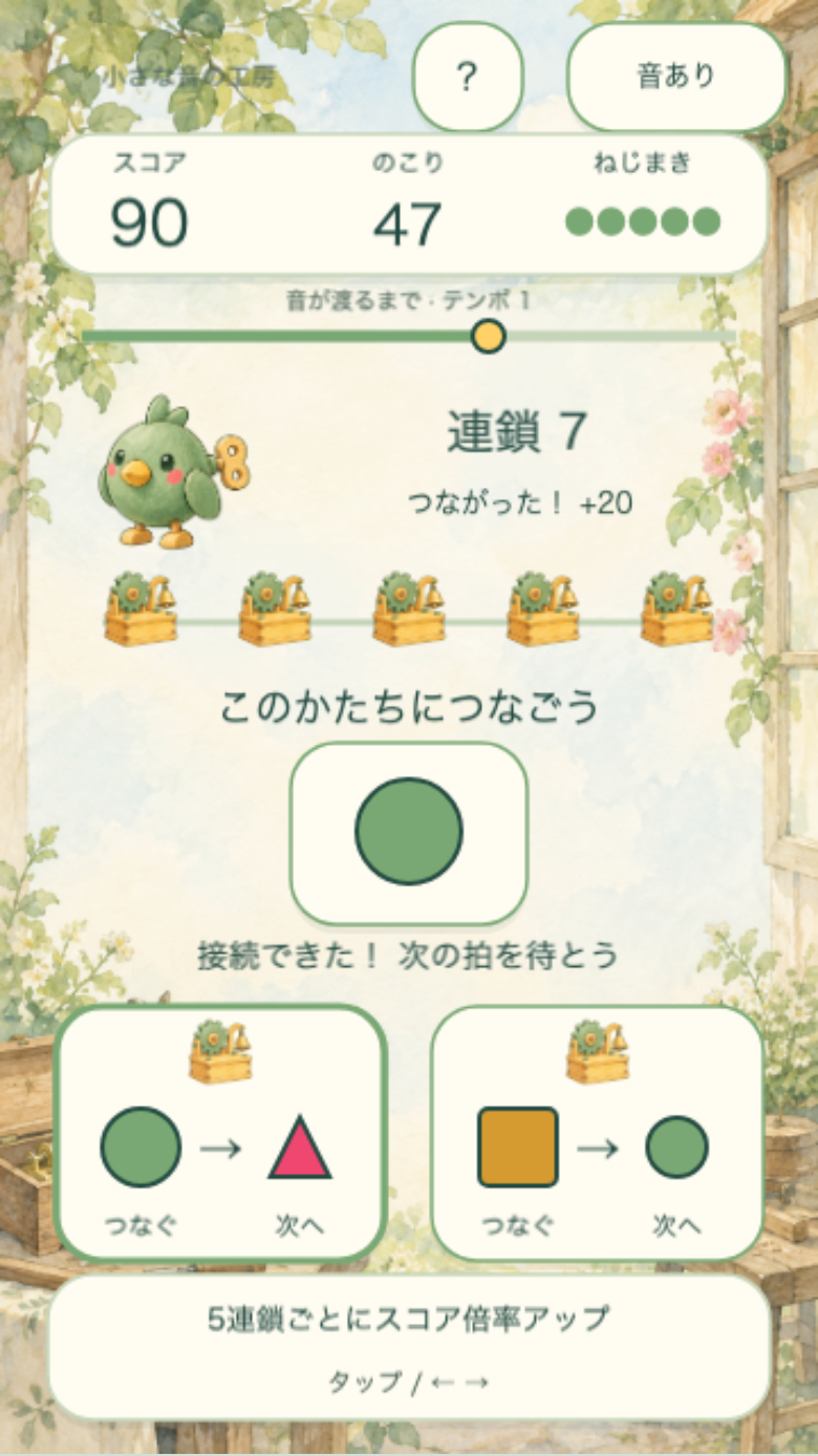 ねじまきリレーのプレイ画面。連鎖表示が伸びるほど得点倍率が上がり、同時に拍のマーカーが右端へ進む速度も上がっていく