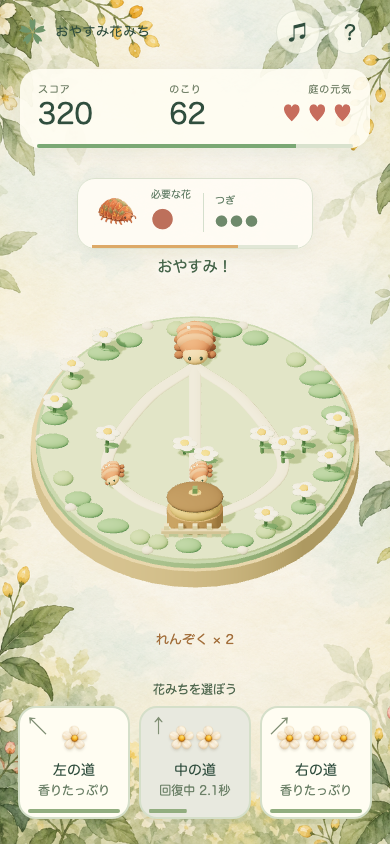 おやすみ花みちのプレイ画面。3本の花道と近づいてくる虫、画面上部の残り時間と連続成功の表示が並ぶ