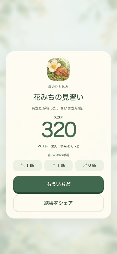 おやすみ花みちのリザルト画面。合計スコアと称号に加えて、左・中央・右それぞれの成功回数が記録されている