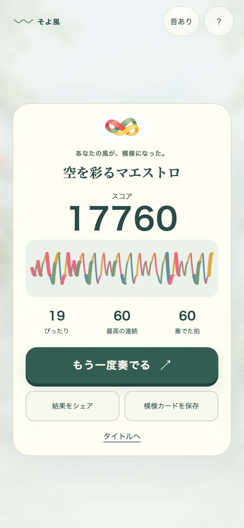 リザルト画面。称号と演奏の模様が表示される。途切れのない太い折り目が多いほど、ぴったり成功が多かった証拠