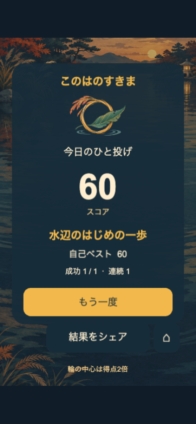 このはのすきまのリザルト画面。最終スコアと称号、自己ベストが表示される。結果は画像として共有やPNG保存ができる