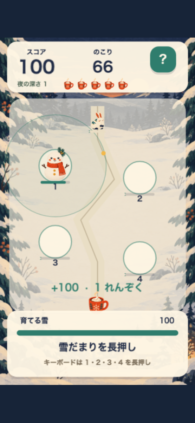 ころゆき見張り番のプレイ中の画面。上にHUD、中央に雪道と番人、下に雪ゲージが並ぶ。番人の冷気の輪にうさぎが入っているかに注目