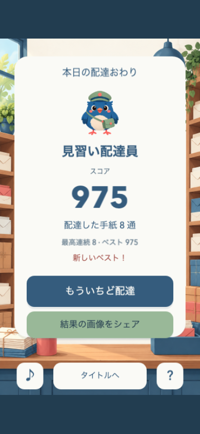 こちこち時刻便のリザルト画面。得点と配達数が表示され、ハイスコアの更新や画像での共有、すぐの再挑戦ができる