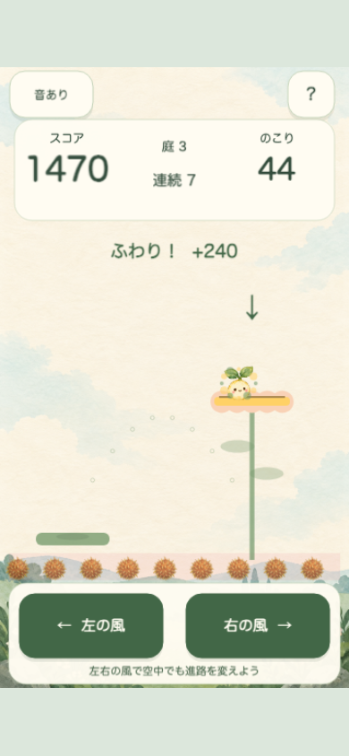 ぷくっと種のピクニックのプレイ中の画面。レベルが上がるにつれて花の足場が小さく高くなる様子に注目