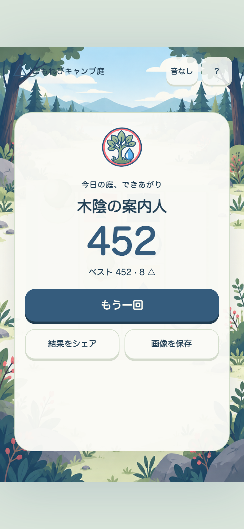 こもれびキャンプ庭の結果画面。合計スコアと称号が表示され、完成したキャンプ場の画像を保存・共有できる