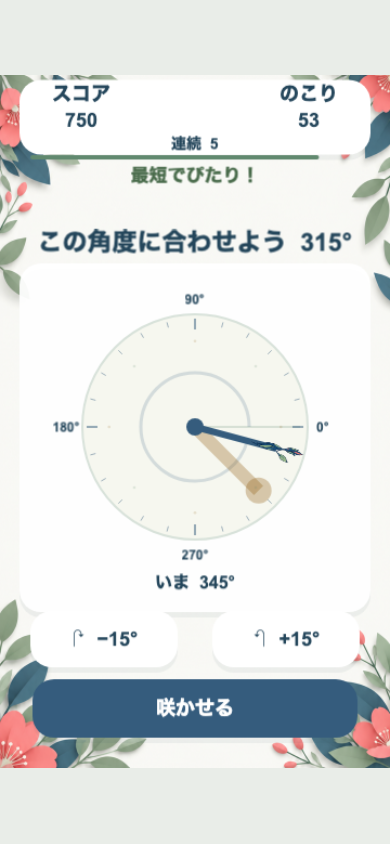 プレイ中の画面。花盤の周囲の目盛りと90度ごとの数字、目標を示す薄い影に注目して花びらを重ねる