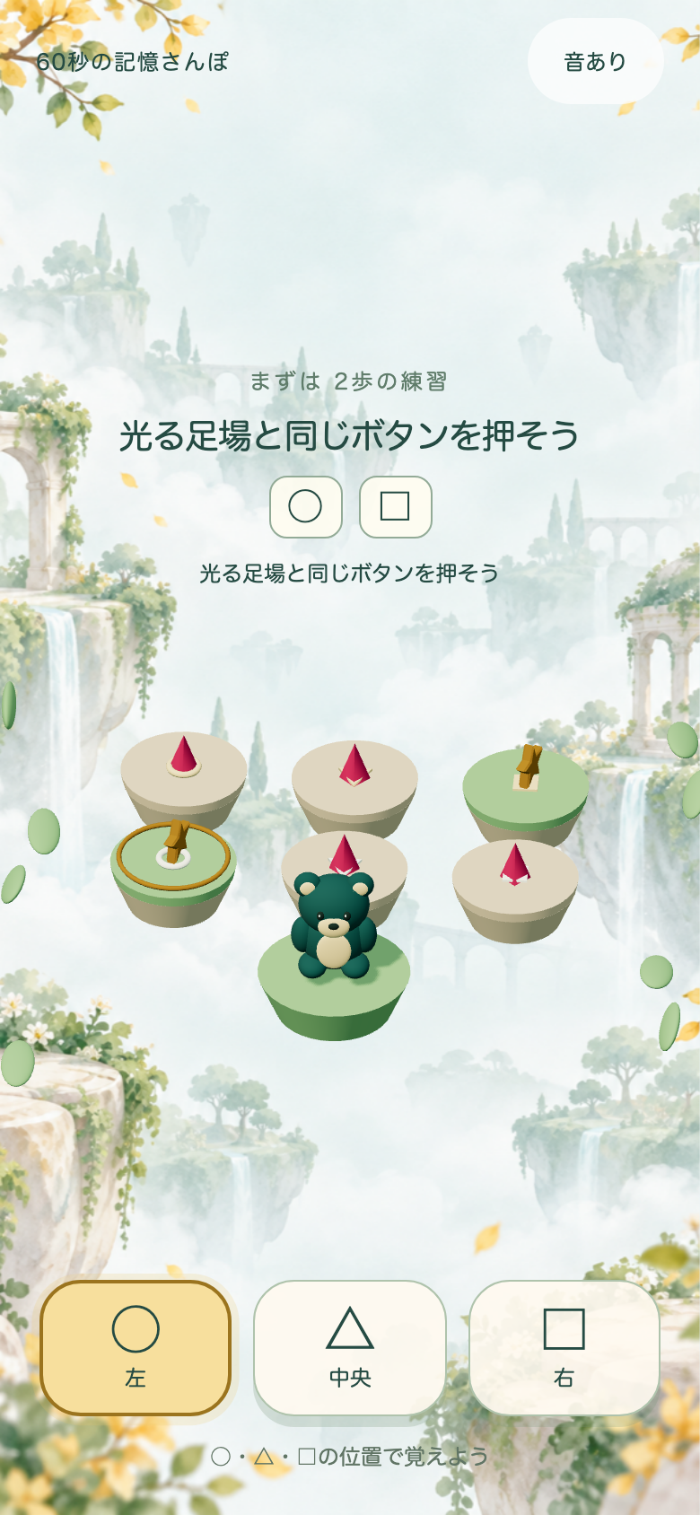 きりの足あとジャンプのチュートリアル画面。2段だけの練習で正解の足場が示されるので、ボタンと足場の位置の対応をここで確かめておく